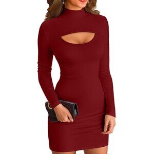 Women Z-green Ribbed Knit Mock Neck Bodycon Long Sleeve Mini Pencil Dress